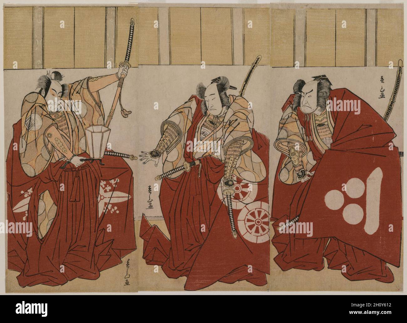 Ichikawa Monnosuke II als Urabe keine Suetake; Onoe Matsusuke wie Usui; Nakamura Nakazo Sadamitsu ich als Watanabe no Tsuna, 1781. Katsukawa Shunzan (Japanisch). Farbe holzschnitt; insgesamt: 31 x 14,5 cm (12 1/4 x 5 11/16 in.). Stockfoto