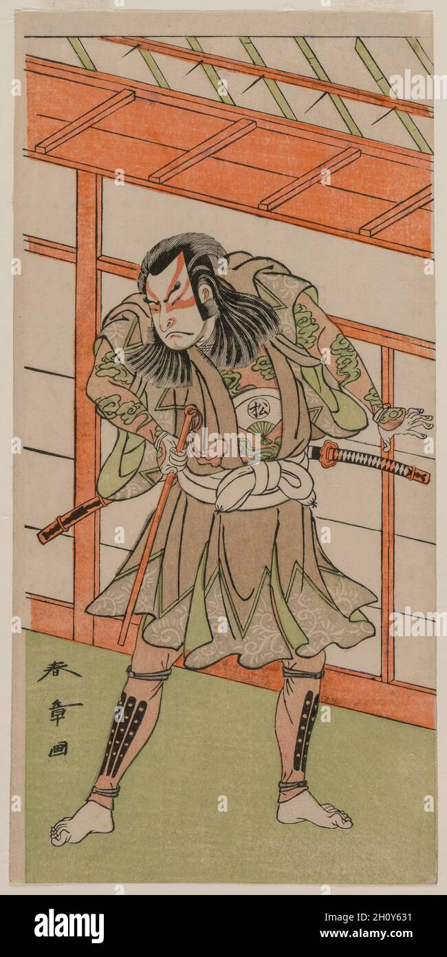 Der Schauspieler Onoe Mtsusuke. Katsukawa Shunshō (Japanisch, 1726-1792). Farbholzschnitt; Bild: 31.5 x 15.4 cm (12 3/8 x 6 1/16 Zoll). Shunsho war ein bekannter Maler und Grafiker in Edo (dem heutigen Tokio), der das Schauspielerdruckfeld dominierte. Er war als Lehrer für einige der talentiertesten Künstler der nächsten Generation sehr wichtig, darunter Shunko, Shunzan und Shunei. Stockfoto