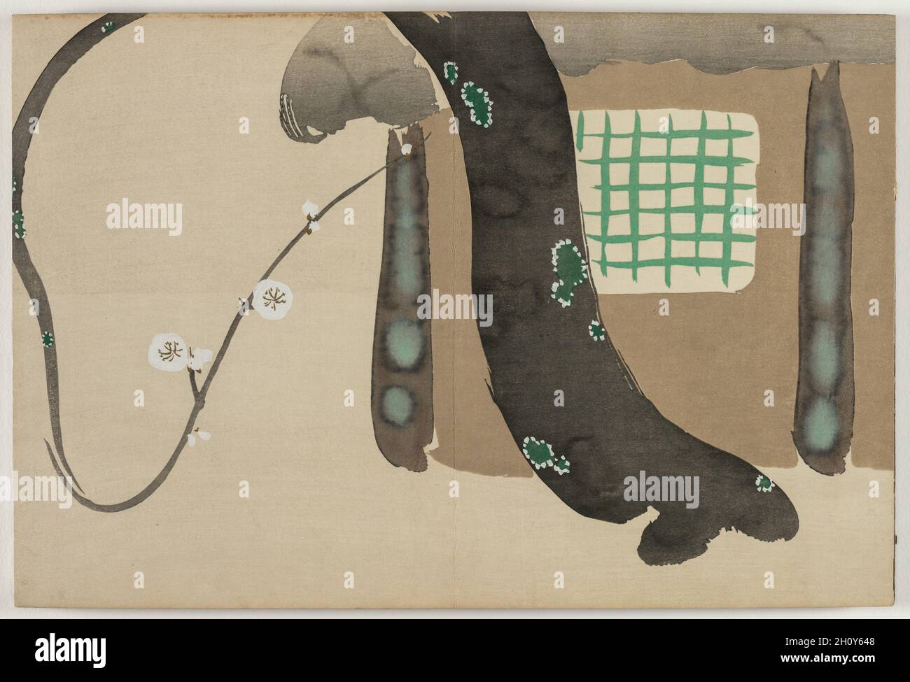 Blumen der hundert Welten (Momoyogusa): Pflaume am Sims (Nokiba no ume), 1909-10. Kamisaka Sekka (Japanisch, 1866-1942). Farbholzschnitte mit Gold und Silber; Blatt: 29.9 x 22.1 cm (11 3/4 x 8 11/16 Zoll). Dieser Druck aus einem Satz von drei Holzschnitt-gedruckten Alben zeigt die Grafikdesign-Fähigkeiten von Kamisaka Sekka. Die Bilder wurden zunächst einzeln an Abonnenten der Serie verteilt, später aber in gebundener Form, wie dieses Buch, für Massenkonsumenten neu aufgelegt. Jeder Druck enthält eine Vignette aus der Natur oder japanischer Literatur. Viele der Szenen haben eine lange Geschichte in Japan, originatin Stockfoto