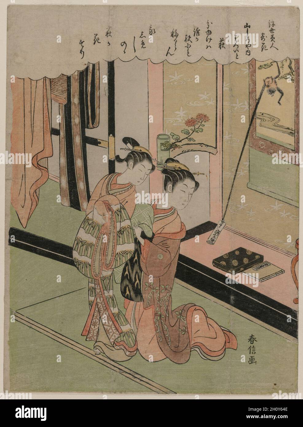 Bush Klee (aus der Serie Schönheiten der fließenden Welt zu Blumen im Vergleich), Ende 1760. Suzuki Harunobu (Japanisch, 1724-1770). Farbe holzschnitt; Blatt: 28,7 x 21,8 cm (11 5/16 x 8 9/16 in.). Stockfoto