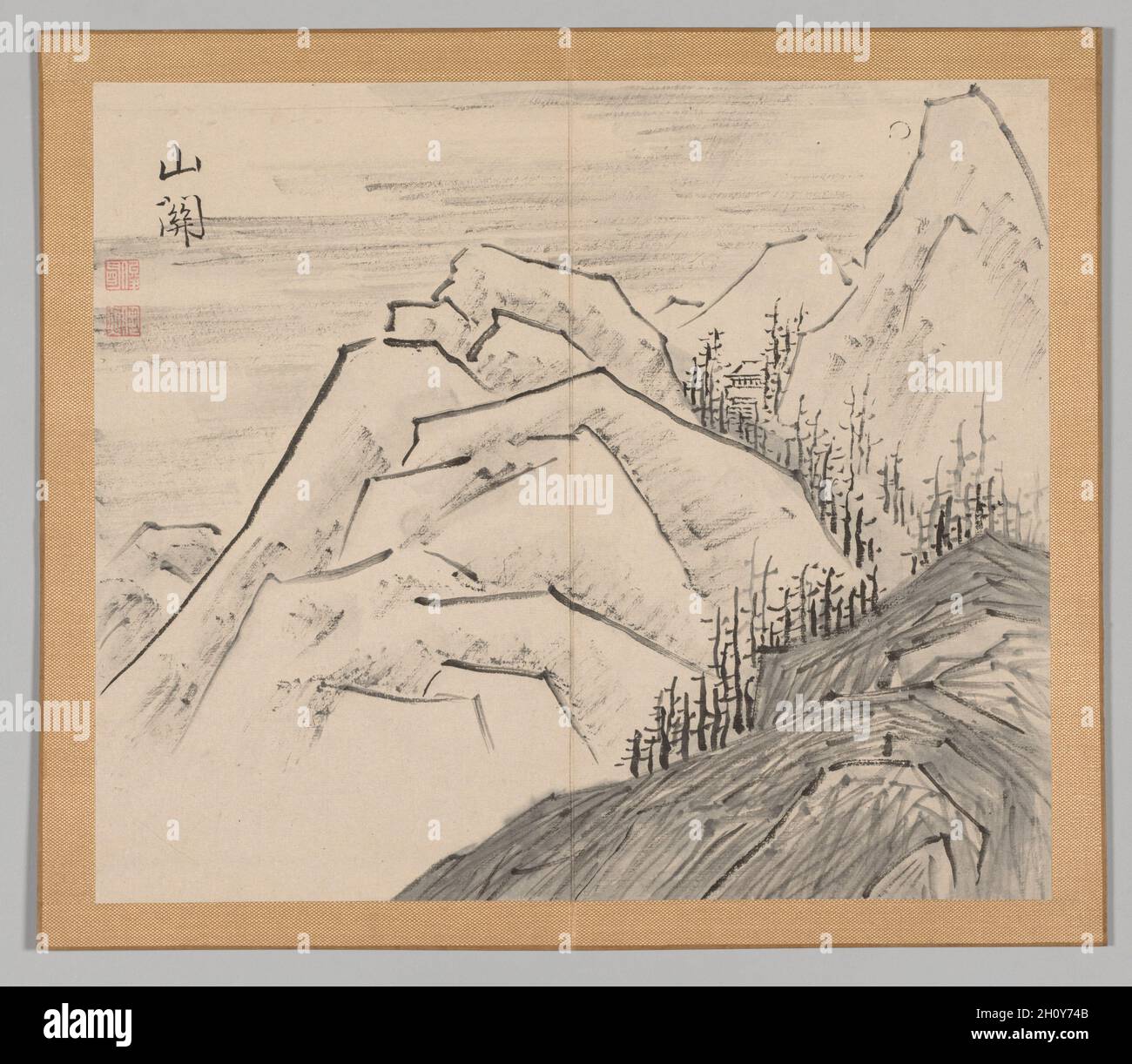 Nachhall von Taiga, Band 1 (Blatt 29), Mitte bis Ende des 17. Jahrhunderts. Aoki Shukuya (japanisch, d. L 1802, S. Paar Alben; Tinte oder Tinte und helle Farbe auf Papier; Album, geschlossen: 28.3 x 33 cm (11 1/8 x 13 Zoll). Traditionell begannen junge Maler in Japan ihr Studium bei einem etablierten Meister-Maler. Die Kompositionen des Meisters wurden unweigerlich zu Modellen, die der Lehrling kopiert hatte, um verschiedene Tinten- und Pinseltechniken zu erlernen. Shukuya war ein Schüler des berühmten Kyoto-Künstlers Ikeno Taiga, dessen Stil sich in diesen Skizzen von Felsen, Bäumen und Bergen widerspiegelt. Stockfoto