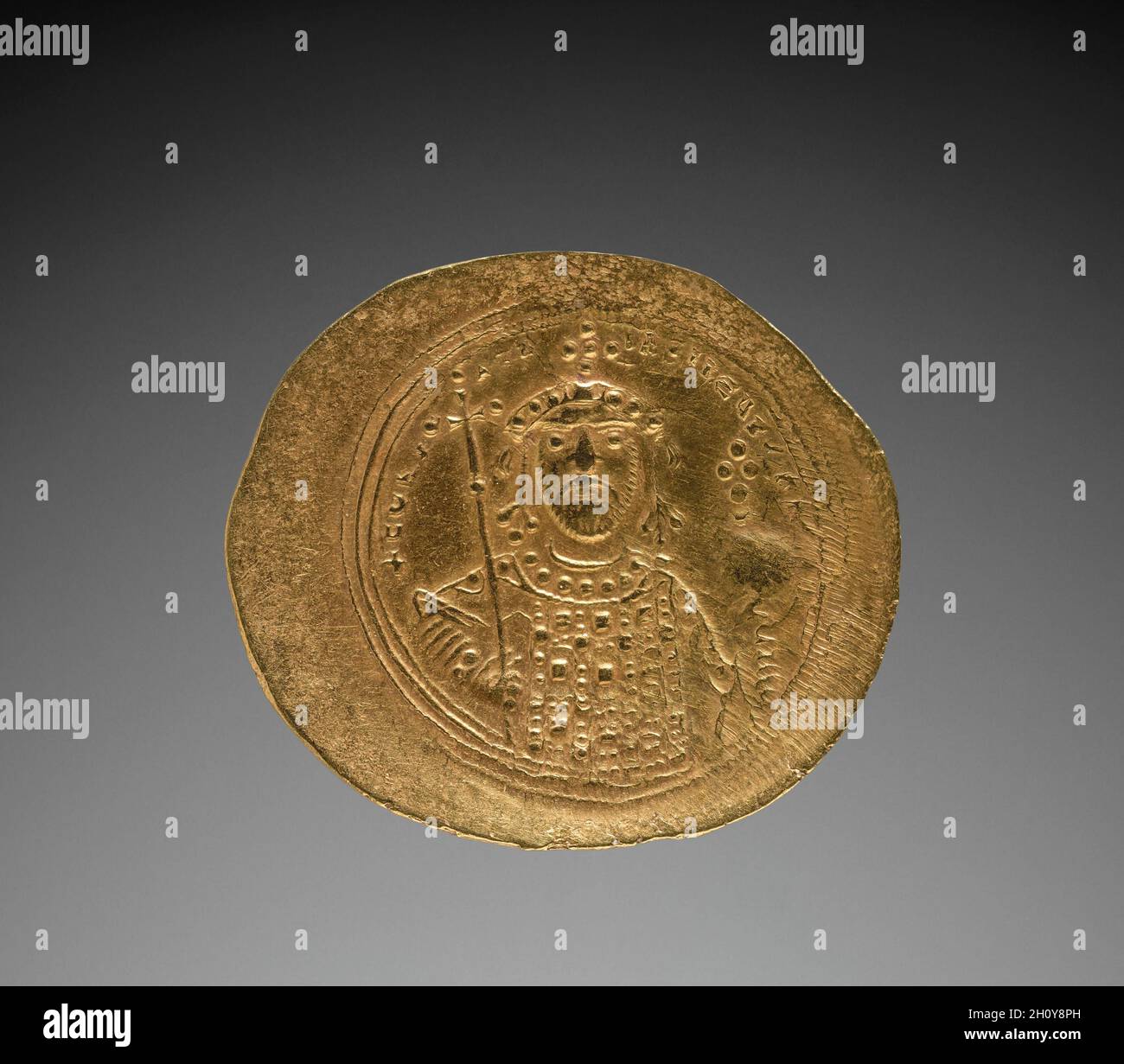 Nomisma mit Konstantin IX Monomachus (Rückseite), 1042-1055. Byzanz, 11.  Jahrhundert. Gold; Durchmesser: 2.9 cm (1 1/8 Zoll). Die große Zahl der  überlebenden byzantinischen Münzen zeugt vom Handelsniveau im ganzen Reich.  Die vom