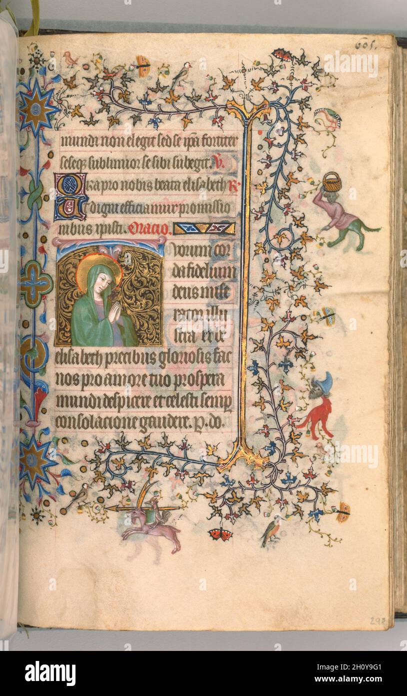 Stunden von Karl dem Noblen, König von Navarra (1361-1425): Fol. 297r, St. Elizabeth, c. 1405. Master of the Brussels Initials and Associates (Französisch). Tinte, Tempera und Gold auf Pergament; Codex: 20.3 x 15.7 x 7 cm (8 x 6 3/16 x 2 3/4 Zoll). Dieser wertvolle Band wurde offensichtlich von seinem Besitzer, dem in Frankreich geborenen König von Navarra, hochgeschätzt, der sein Wappen auf nicht weniger als zwanzig Folios malen ließ. Anstatt dieses Manuskript direkt aus einer bestimmten Werkstatt in Auftrag zu geben, scheint es, dass Charles der Noble sein Stundenbuch - vielleicht fertig für den Luxusmarkt - während einer Reise nach Pa erworben hat Stockfoto