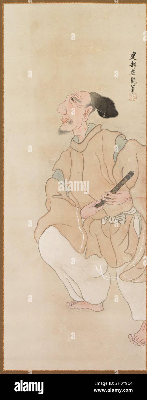 Genrefiguren, c. 1816. Takebe Sōchō (Japanisch, 1760-1814). Triptychon hängender Schriftrollen; Tinte und Farbe auf Papier; insgesamt: 125.4 x 49.6 cm (49 3/8 x 19 1/2 Zoll). Obwohl Socho nur selten in offiziellen Geschichten erwähnt wurde, war er ein versierter Maler, dessen Talent für das moderne Auge leicht erkennbar ist. Für seine Kompositionen wählte er traditionelle japanische Geschichten oder alltägliche Ereignisse. Dieses Gemälde gehört zu einem Triptychon (Satz von drei), das kürzlich von klappbaren Siebtafeln zu hängenden Schriftrollen umgebaut wurde. Stockfoto