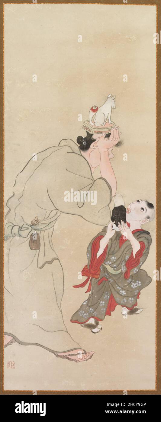 Genrefiguren, c. 1816. Takebe Sōchō (Japanisch, 1760-1814). Hängende Schriftrolle; Tinte und Farbe auf Papier; insgesamt 125.5 x 49.8 cm (49 7/16 x 19 5/8 Zoll). Obwohl Socho nur selten in offiziellen Geschichten erwähnt wurde, war er ein versierter Maler, dessen Talent für das moderne Auge leicht erkennbar ist. Für seine Kompositionen wählte er traditionelle japanische Geschichten oder alltägliche Ereignisse. Dieses Gemälde gehört zu einem Triptychon (Satz von drei), das kürzlich von klappbaren Siebtafeln zu hängenden Schriftrollen umgebaut wurde. Stockfoto