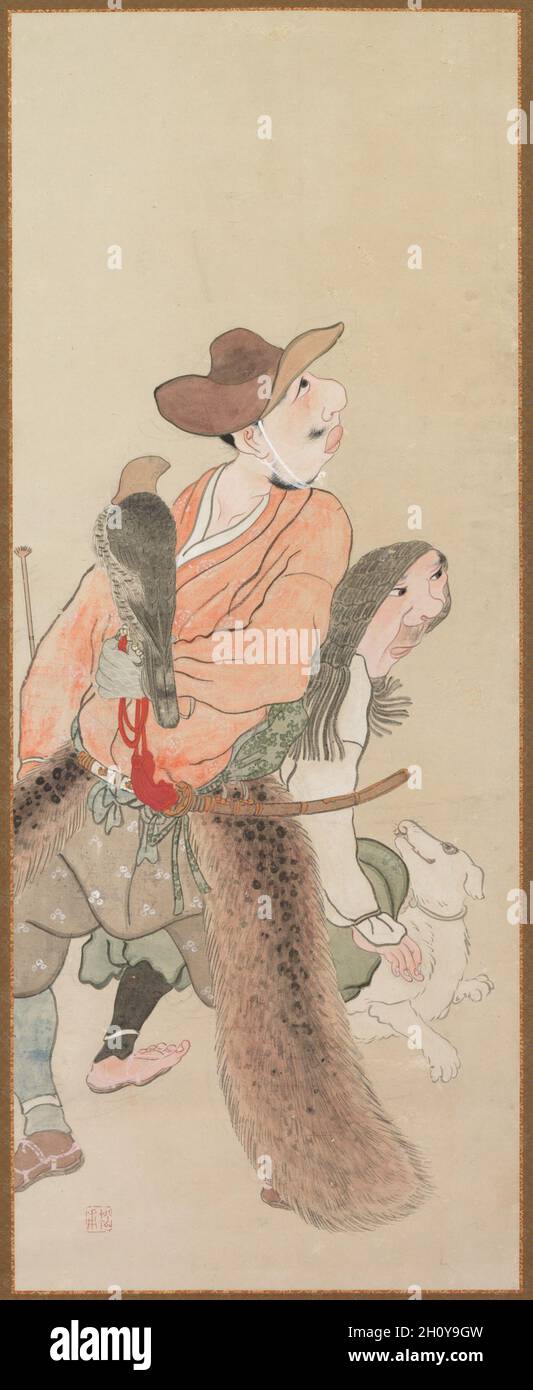 Genrefiguren, c. 1816. Takebe Sōchō (Japanisch, 1760-1814). Hängende Schriftrolle; Tinte und Farbe auf Papier; insgesamt 125.5 x 49.7 cm (49 7/16 x 19 9/16 Zoll). Obwohl Socho nur selten in offiziellen Geschichten erwähnt wurde, war er ein versierter Maler, dessen Talent für das moderne Auge leicht erkennbar ist. Für seine Kompositionen wählte er traditionelle japanische Geschichten oder alltägliche Ereignisse. Dieses Gemälde gehört zu einem Triptychon (Satz von drei), das kürzlich von klappbaren Siebtafeln zu hängenden Schriftrollen umgebaut wurde. Stockfoto