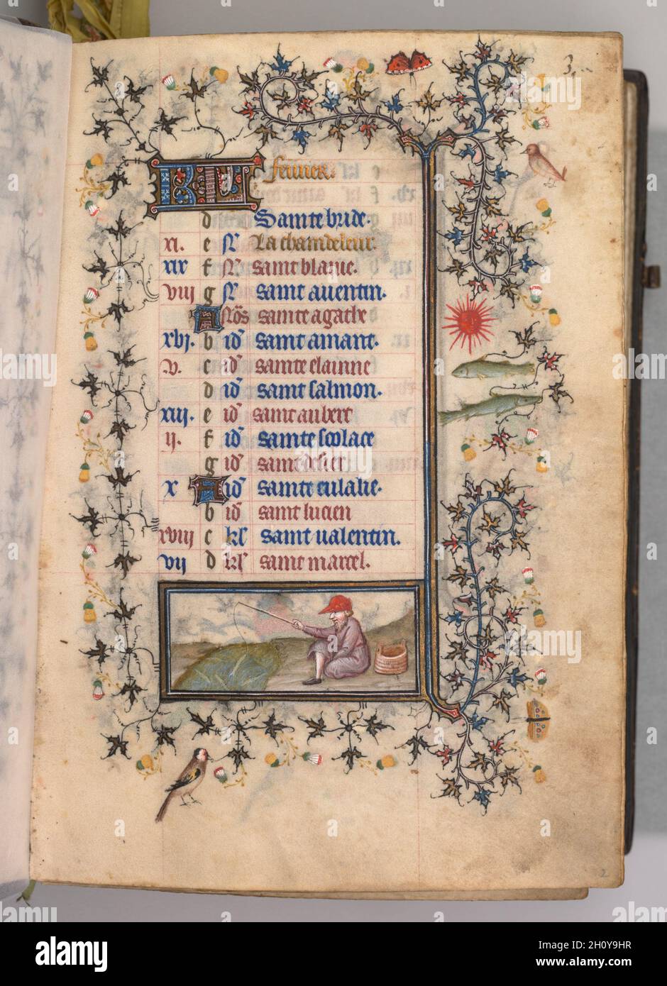 Stunden von Karl dem Noblen, König von Navarra (1361-1425): Fol. 2r, Februar, c. 1405. Master of the Brussels Initials and Associates (Französisch). Tinte, Tempera und Gold auf Pergament; Codex: 20.3 x 15.7 x 7 cm (8 x 6 3/16 x 2 3/4 Zoll). Dieses wertvolle Buch wurde von seinem Besitzer, Karl III., König von Navarra, hochgeschätzt, einem in Frankreich geborenen Prinzen, dessen Wappen auf 20 Blättern gemalt ist. Charles besuchte Paris bei zahlreichen Gelegenheiten und erwarb wahrscheinlich diesen Band dort im Jahr 1404. Paris war damals das Zentrum des europäischen Buchhandels und zog Illuminatoren aus vielen Teilen Europas an. Dieses Manuskript repr Stockfoto