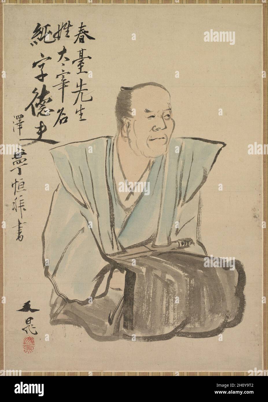 Imaginäres Porträt von Shundai Dazai, Ende 1700er-1800er. Tani Bunchō (Japanisch, 1763-1841). Hängende Schriftrolle; Tinte und Farbe auf Papier; insgesamt: 130.8 x 38.1 cm (51 1/2 x 15 Zoll); nur Malerei: 38 x 26.8 cm (14 15/16 x 10 9/16 Zoll). Shundai (1680-1747) war ein bekannter konfuzianischer Gelehrter und Schriftsteller. Bunch.s Verehrung für Shundai ist mit einem stark konfuzianischen Familienhintergrund aufgewachsen und verständlich. Die Inschrift ist von Nozawa Hikoroku, einem Gelehrten und Dichter, der mit Buncho zeitgenössisch war. Stockfoto