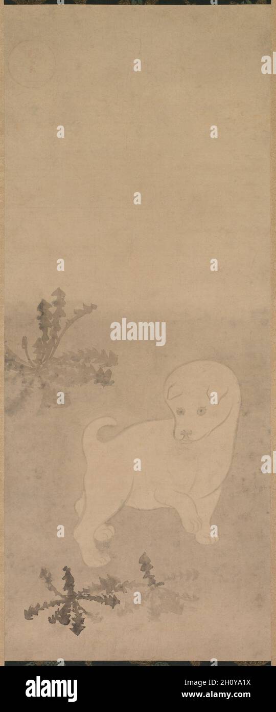 Welpe mit Doraden, 1600-1640. Studio von Tawaraya Sōtatsu (japanisch, c. 1570-c. L 1640, S. Hängende Schriftrolle; Tinte auf Papier; insgesamt: 197.2 x 61.5 cm (77 5/8 x 24 3/16 Zoll); nur Malerei: 105 x 42.6 cm (41 5/16 x 16 3/4 Zoll). Stockfoto
