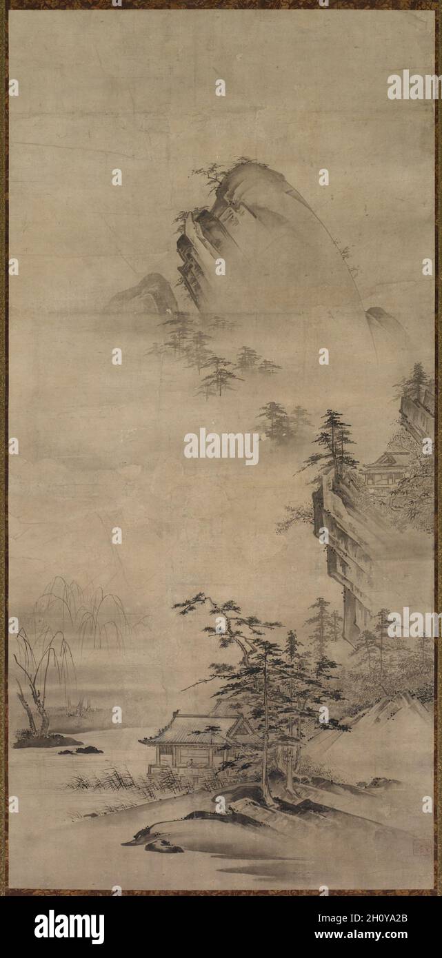Landschaft mit einem Pavillon, c. 1700-1868. Japan, Edo-Zeit (1615-1868). Hängende Schriftrolle; Tinte auf Papier; insgesamt 117 x 56.5 cm (46 1/16 x 22 1/4 Zoll). Stockfoto