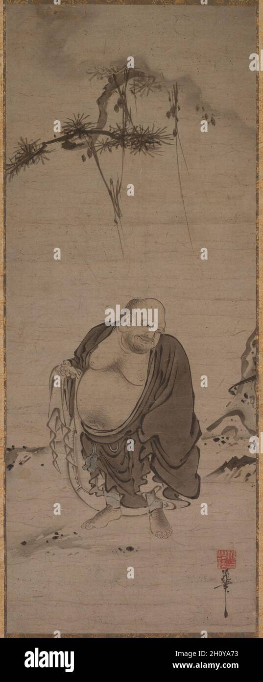 Hotei, Ende 13:00 bis Anfang 14:00 Uhr. Kichizan Minchō (Japanisch, 1352-1431). Hängende Schriftrolle; Tinte und leichte Farbe auf Papier; Bild: 77.5 x 31 cm (30 1/2 x 12 3/16 Zoll); insgesamt: 160 x 43.8 cm (63 x 17 1/4 Zoll). Stockfoto