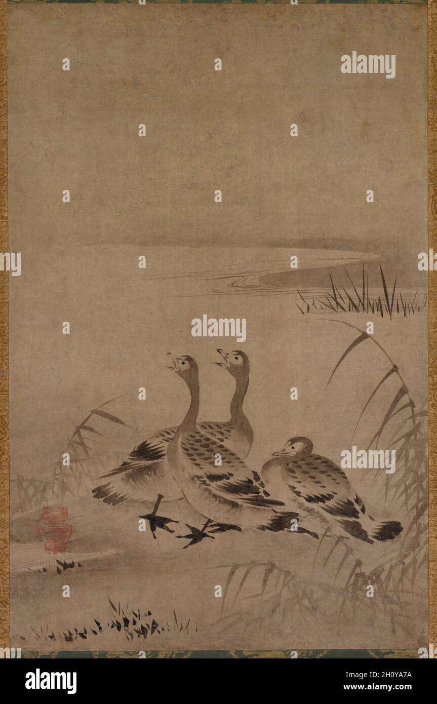 Wildgänse, Anfang 1500. Chōkichi (Japanisch). Hängende Schriftrolle; Tinte auf Papier; insgesamt 50.8 x 33 cm (20 x 13 Zoll). Stockfoto
