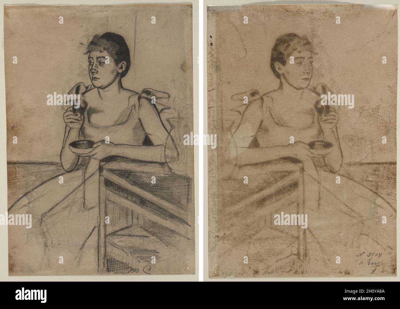 Kaffee nach dem Abendessen (recto); Kaffee nach dem Abendessen (verso), c. 1889. Mary Cassatt (Amerikanerin, 1844-1926). Graphit; Blatt: 20 x 14 cm (7 7/8 x 5 1/2 Zoll). Cassatt stellte 1880 erstmals Drucke auf der fünften Impressionistenausstellung aus. Im Laufe des Jahrzehnts zeigte sie ihre grafischen Arbeiten neben Pastellfarben und Gemälden. Im Frühjahr 1890 zeigte sie auf der Deuxième Exposition de Peintres-Graveurs eine Gruppe von Trockenpunkten, die in ihrer Feinheit und Präzision bemerkenswert sind, sowie eine Gruppe von Drucken, die mit einer Kombination aus Aquatinta und Softground-Radierung hergestellt wurden, die schnell erschien Stockfoto