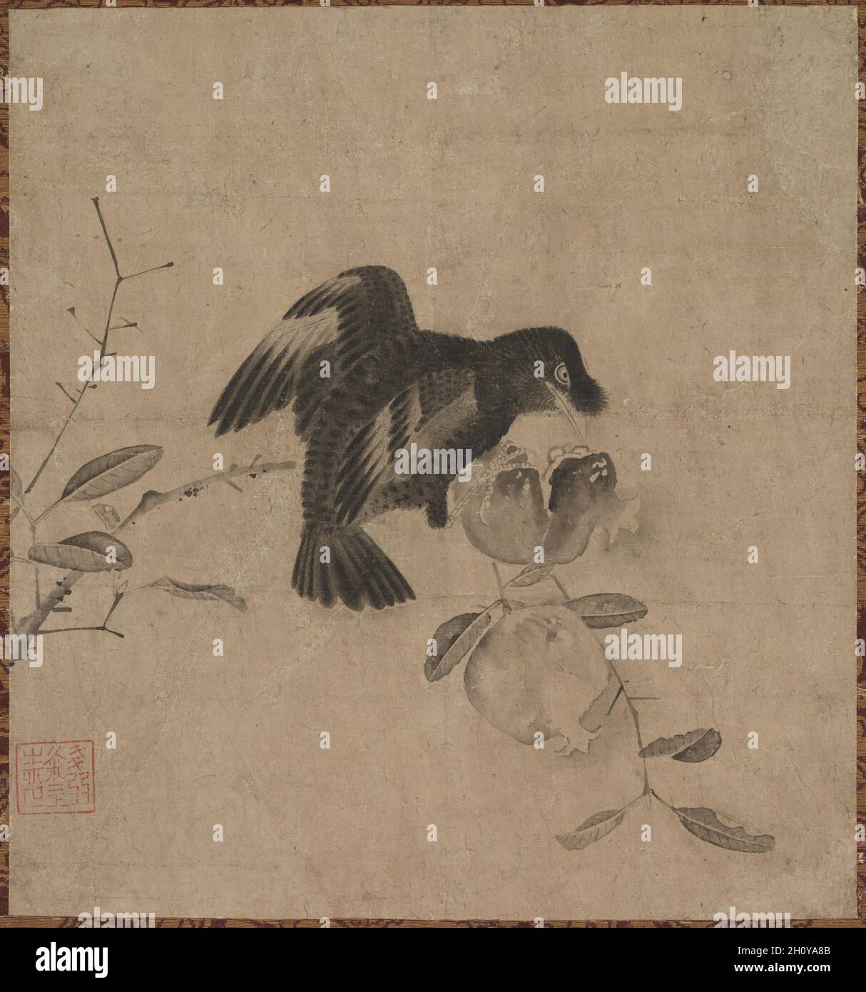 Krähe auf einem Granatapfel, 1500. Japan, Muromachi-Zeit (1392-1573). Hängende Schriftrolle; Tinte auf Papier; insgesamt 30 x 28 cm (11 13/16 x 11 Zoll). Stockfoto
