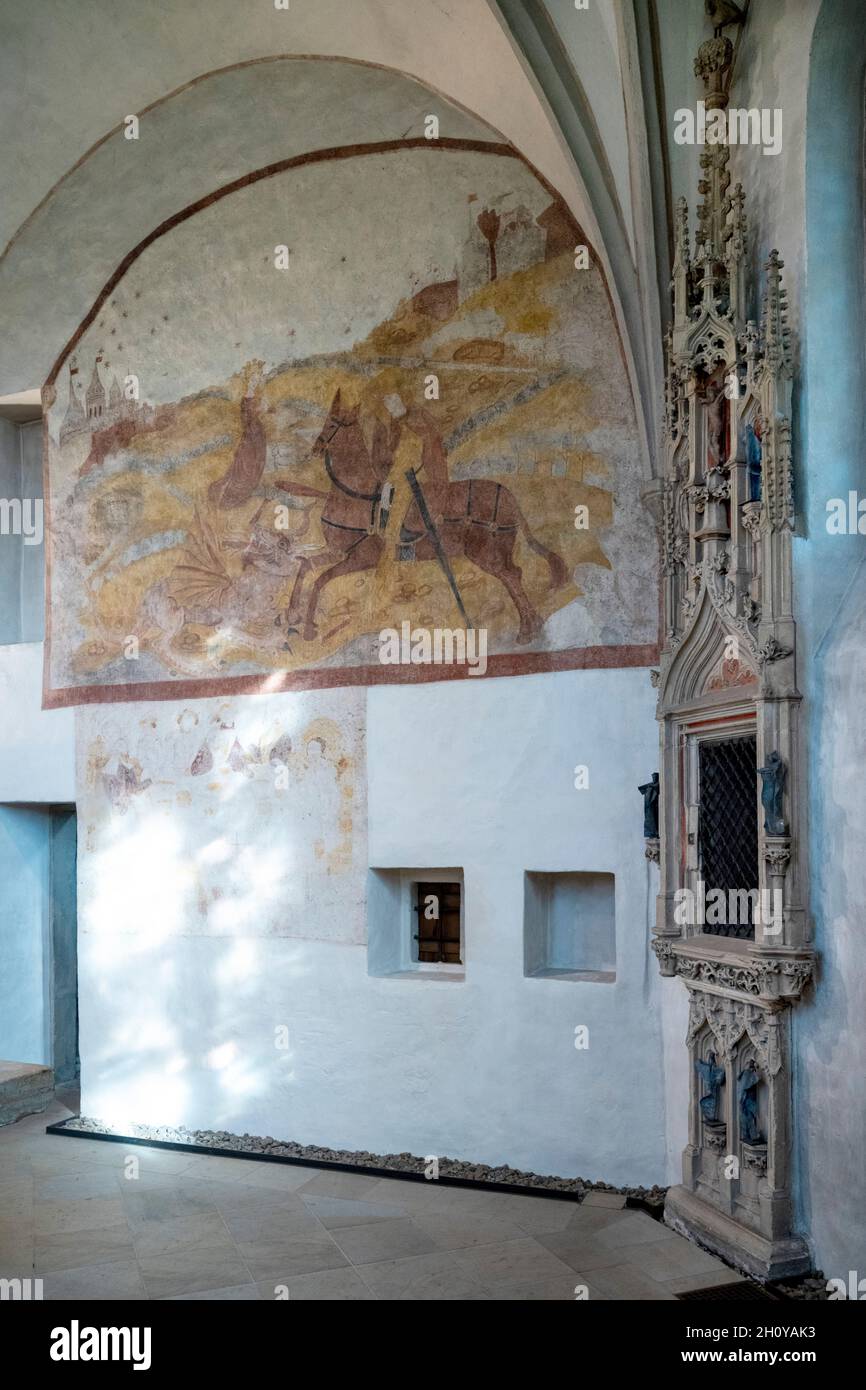 Deutschland, Nordrhein-Westfalen, Bochum-Stiepel, mittelalterliche Wandmalereien in der Stiepeler Dorfkirche Stockfoto