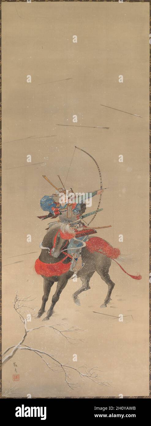 Krieger auf einem Pferd, Anfang des 20. Jahrhunderts. Yasuda Yukihiko (japanisch, 1884-1978) zugeschrieben. Hängende Schriftrolle; Tinte und Farbe auf Seide; insgesamt 107 x 41.3 cm (42 1/8 x 16 1/4 Zoll). Stockfoto
