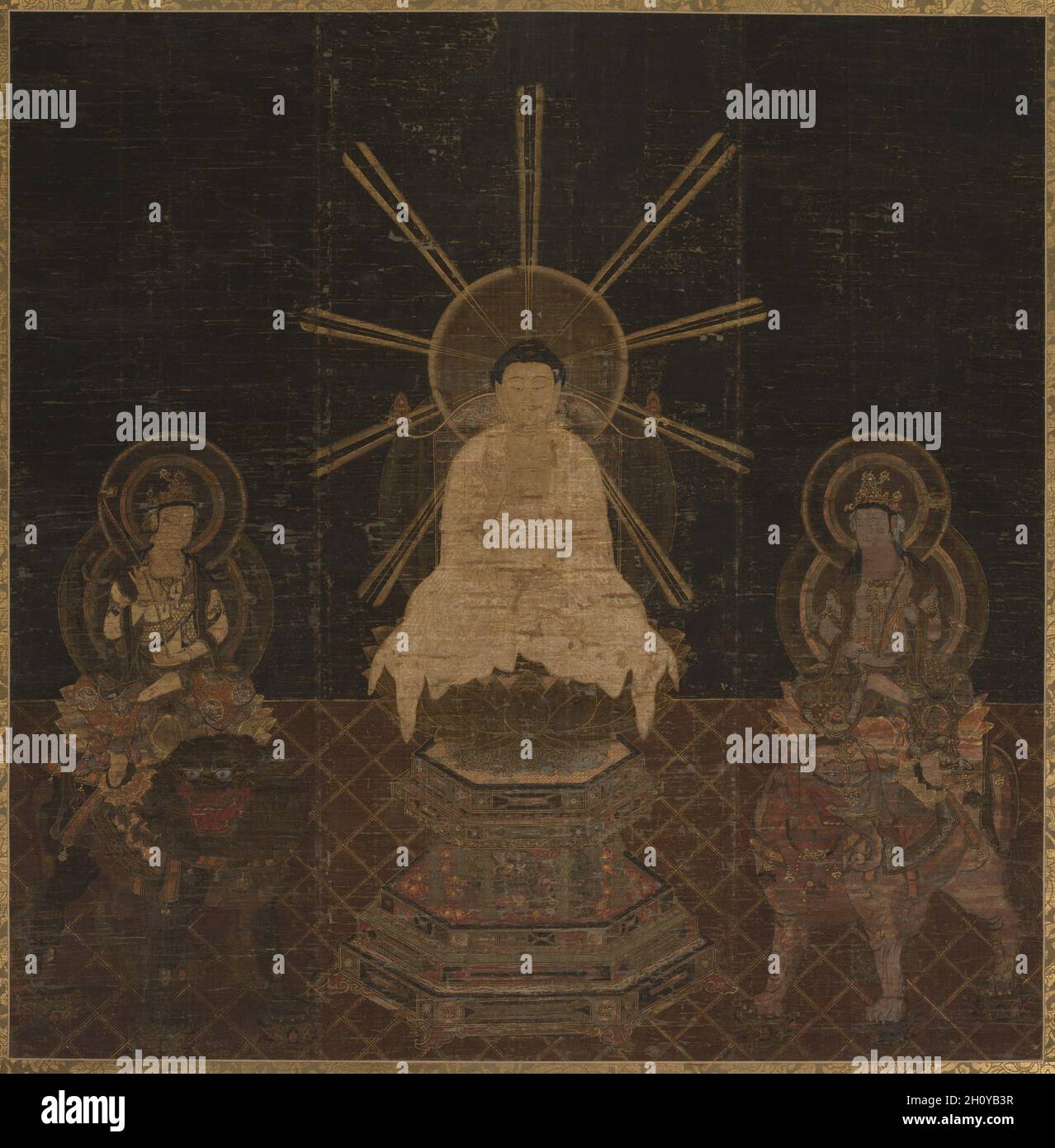 Shakyamuni Triad, c. 1200-1333. Japan, Kamakura-Zeit (1185-1333). Hängende Schriftrolle; Tinte, Farbe, Gold und Schnitgold auf Seide; inklusive Befestigung: 226 x 140.7 cm (89 x 55 3/8 Zoll). Stockfoto