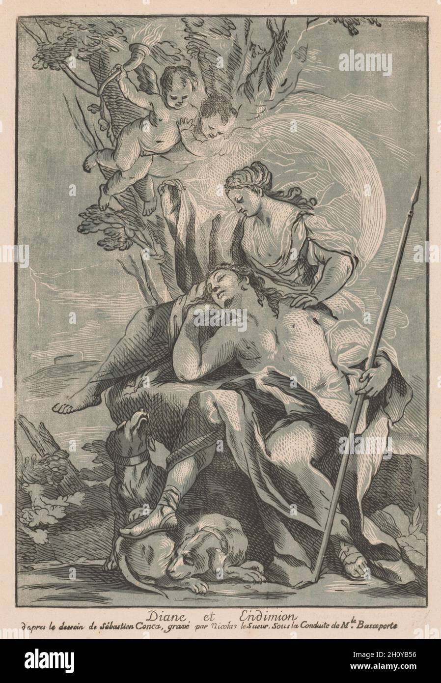 Diana und Endymion, Mitte 1700. Nicolas Lesueur (Französisch, 1691-1764), nach Sebastian Conca (Italienisch, 1680-1764). Chiaroscuro-Holzschnitt; Blatt: 62.1 x 44.7 cm (24 7/16 x 17 5/8 Zoll); Bild: 44.7 x 31.1 cm (17 5/8 x 12 1/4 Zoll). Die Chiaroscuro-Zeichnungen wurden auf Papier ausgeführt, das einen mittleren Ton einfärbte. Während schwarze oder braune Wäsche zum Erstellen von Schatten verwendet wurde, wurde weiße Gouache (opakes Aquarell) für Lichter verwendet. Im frühen 16. Jahrhundert entwickelten deutsche Grafiker eine Methode, um ähnliche Effekte mit Holzschnitt zu erzielen. Die Umrisse des Bildes werden aus einem Holzblock schwarz gedruckt, während die Schatten ein Stockfoto