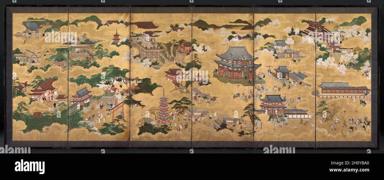 Blick auf Kyoto, 1600. Japan, Edo-Zeit (1615-1868). 6-fach-Bildschirm; Tinte und Farbe auf goldenem Papier; insgesamt 109.5 x 308.6 cm (43 1/8 x 121 1/2 Zoll). Stockfoto