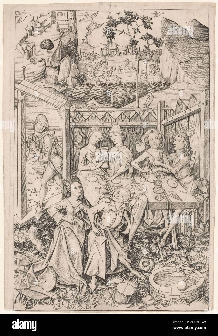 Der Garten der Liebe (große Platte), c. 1465. Master es (deutsch, aktiv 1450-67). Gravur; Platte: 23.5 x 15.8 cm (9 1/4 x 6 1/4 Zoll); Blatt: 23.8 x 16.5 cm (9 3/8 x 6 1/2 Zoll). Der Meister E. S. war der wichtigste Kupferstecher in Norddeutschland, als er Mitte des 14. Jahrhunderts zum ersten Mal seine Arbeit unterschrieb. Seine Darstellung des Gartens der Liebe weicht von der Bildtradition ab, die die Szene in der Regel als idyllisches Reich der Musik, des Gastmahls und der Spiele darstellte, in dem Frauen von ihren Bewunderern engagierte Dienste anspornten. Hier jedoch satirize der Meister E. S. Stockfoto