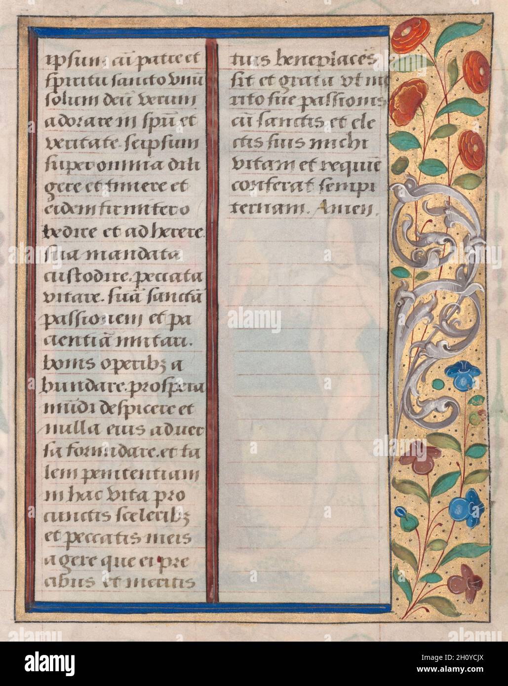 Blatt aus einem Stundenbuch: Text mit illustriertem Rand (verso), c. 1510. Frankreich, Rouen, 16. Jahrhundert. Tinte, Tempera und flüssiges Gold auf Pergament; jedes Blatt: 17.9 x 12.8 cm (7 1/16 x 5 1/16 Zoll). Charakteristisch für die Hand des Künstlers sind die leuchtend orangenen Rottöne, die sich in diesem Blatt mit tiefem Blau, Grün und einer Fülle von Goldtönen vereinen. Er verwendete feine parallele Linien oder Kreuzschraffuren in Gold, um Schattierungen, Highlights und Textur von Draperien anzuzeigen, was auf einige Kenntnisse der Druckgrafik hindeutet, eine Kunst, für die Rouen auch ein wichtiges Zentrum war. Seine Figuren haben große, dick umrissene ovale Gesichter. Diese m Stockfoto