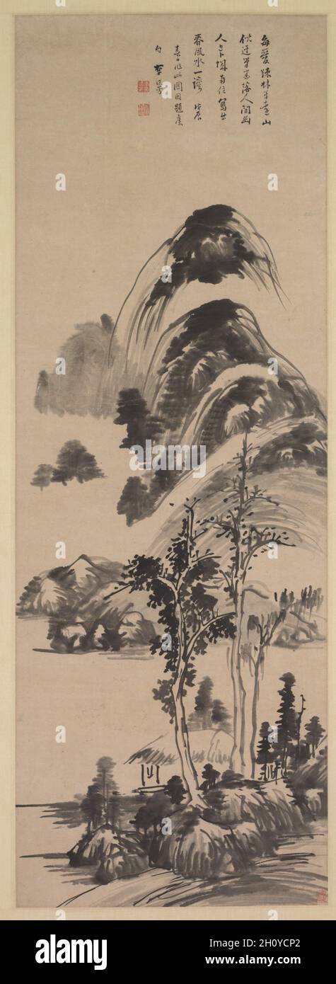 Dünner Wald und ferne Berge, 1628. Li Liufang (Chinesisch, 1575-1629). Hängende Schriftrolle, Tinte auf Papier; insgesamt 114.3 x 40.3 cm (45 x 15 7/8 Zoll). Stockfoto