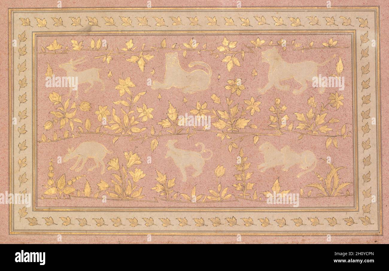 Schablonierte Szenen von Löwe und Gazelle (verso), c. 1710. Mogulindien. Tinte und Gold auf rosa gesprenkeltem Papier (verso); Seite: 43 x 28.9 cm (16 15/16 x 11 3/8 Zoll). Stockfoto