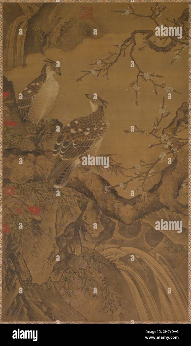 Adler, 1368-1644. China, Ming-Dynastie (1368-1644). Tusche und Farbe auf Seidenpaneel; Gemälde: 167.2 x 98.4 cm (65 13/16 x 38 3/4 Zoll); insgesamt gerahmt: 189.3 x 114.5 cm (74 1/2 x 45 1/16 Zoll). Zwei Adler, gemalt in feiner Pinselarbeit, halten auf Felsen, umgeben von Wasser, blühenden Kamelien und anderer Vegetation, gebürstet in weiten und breiten Strichen. Unter den Vögeln, die in der chinesischen Malerei ein beliebtes Motiv sind, lassen sich Darstellungen von Adlern bis mindestens ins vierte Jahrhundert zurückverfolgen.aufgrund dramatischer gesellschaftspolitischer Veränderungen während der von außen regierten Yuan (1279–1368) und der einheimischen Ming-Dynastien, wurde eine aufwendige sy Stockfoto