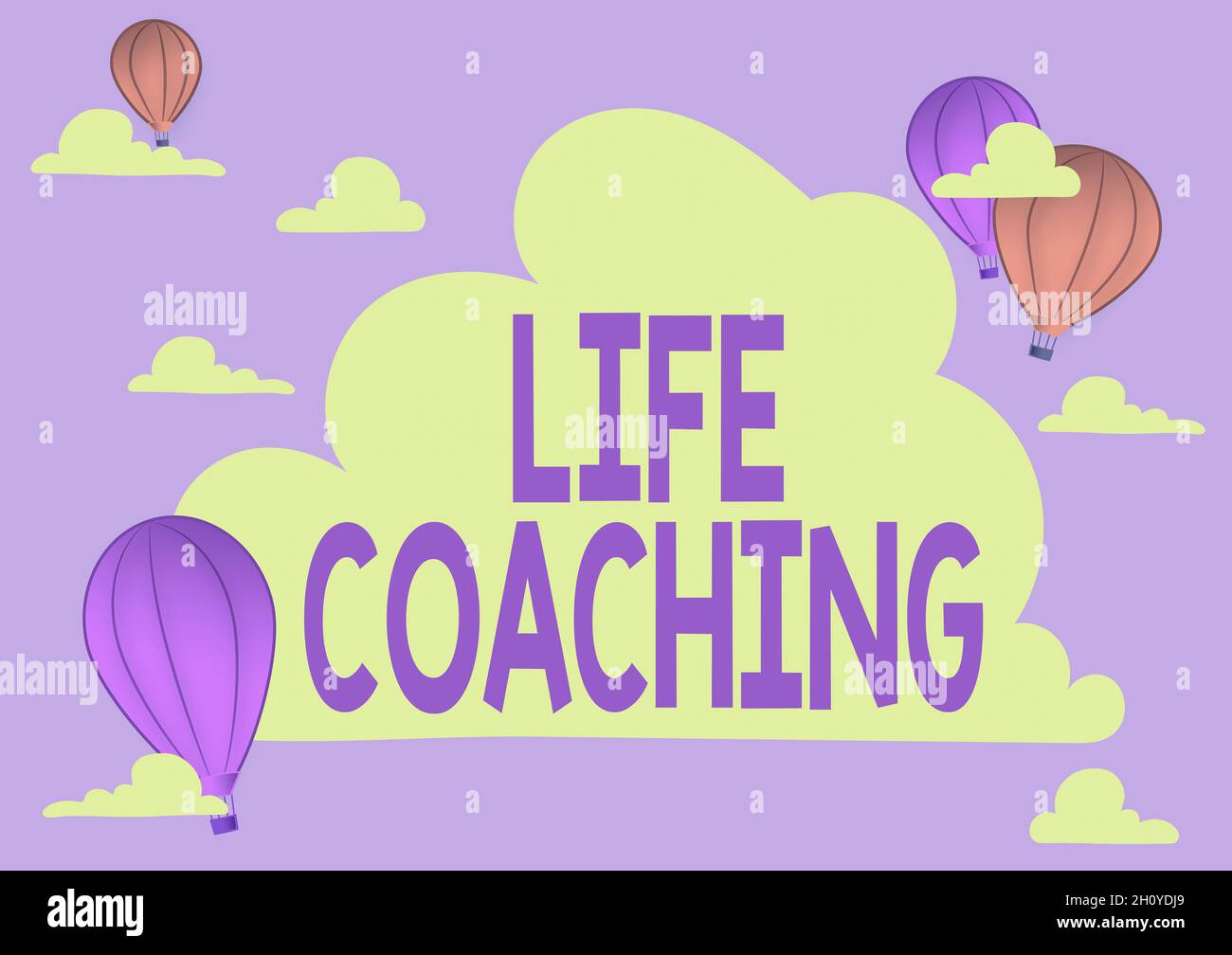 Textschild mit Life Coaching. Unternehmensübersicht Mitarbeiter, die zeigen, wie sie ihre Ziele in der Karriere erreichen können: Heißluftballon Illustration Flying Stockfoto