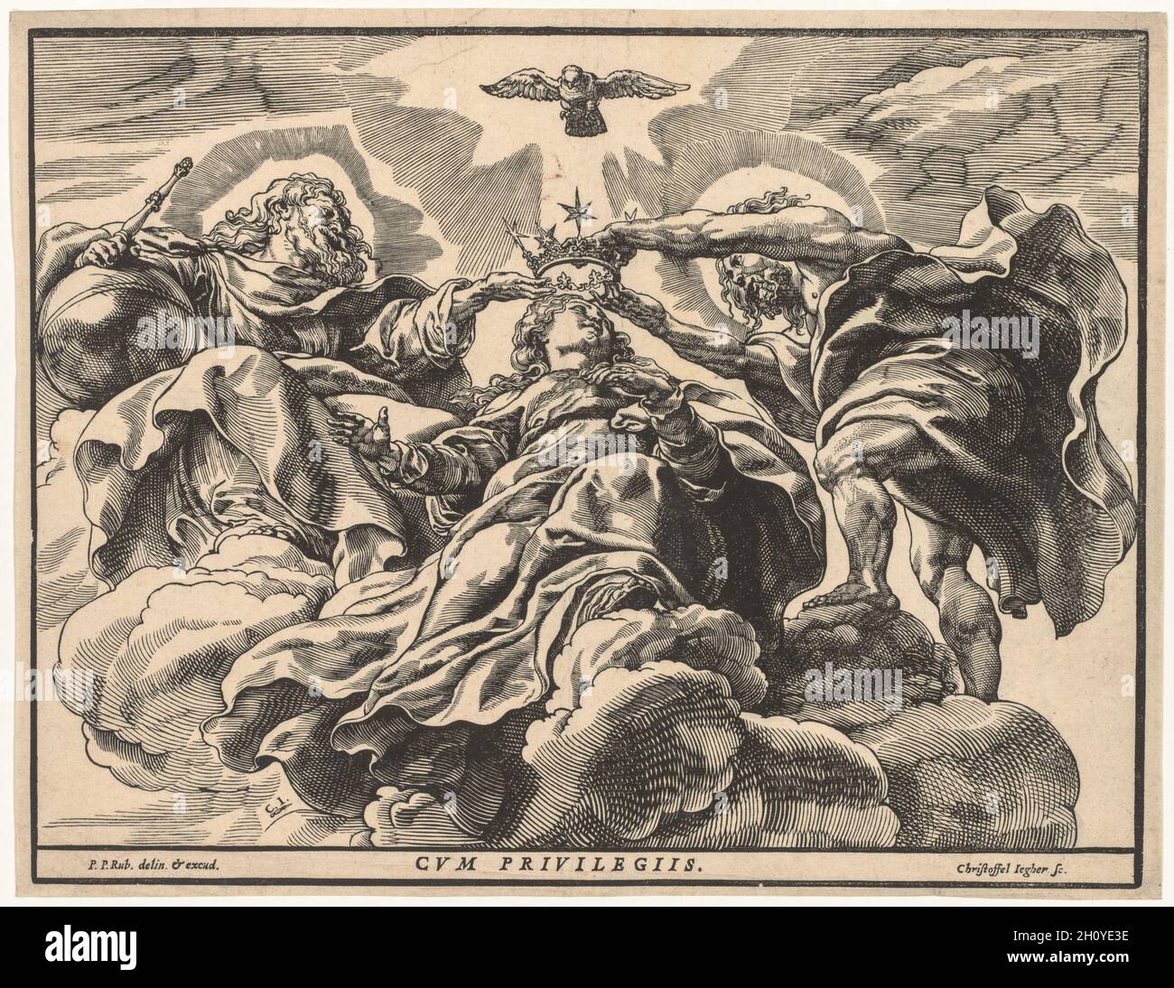 Krönung der Jungfrau, 1632-36. Christoffel Jegher (Flämisch, 1596-1652/53). Holzschnitt; Peter Paul Rubens war ein ebenso kluger Geschäftsmann wie ein brillanter Maler. Er erkannte, dass sich aus der Veröffentlichung von Grafiken, die nach seinen Gemälden entstanden sind, erheblicher Gewinn und Ruhm ableiten ließen. Er beschäftigte Graveure und auch Jegher, der nach der Arbeit des Meisters neun Holzschnitte machte. Während die Gravuren immer nur als reproduktive Bilder galten, wurden die Holzschnitte als Originalkunstwerke konzipiert und geschätzt, weil sie die Freiheit und Direktheit des Ausdrucks zeigten, die in den Tiefdruckgrafiken fehlt Stockfoto