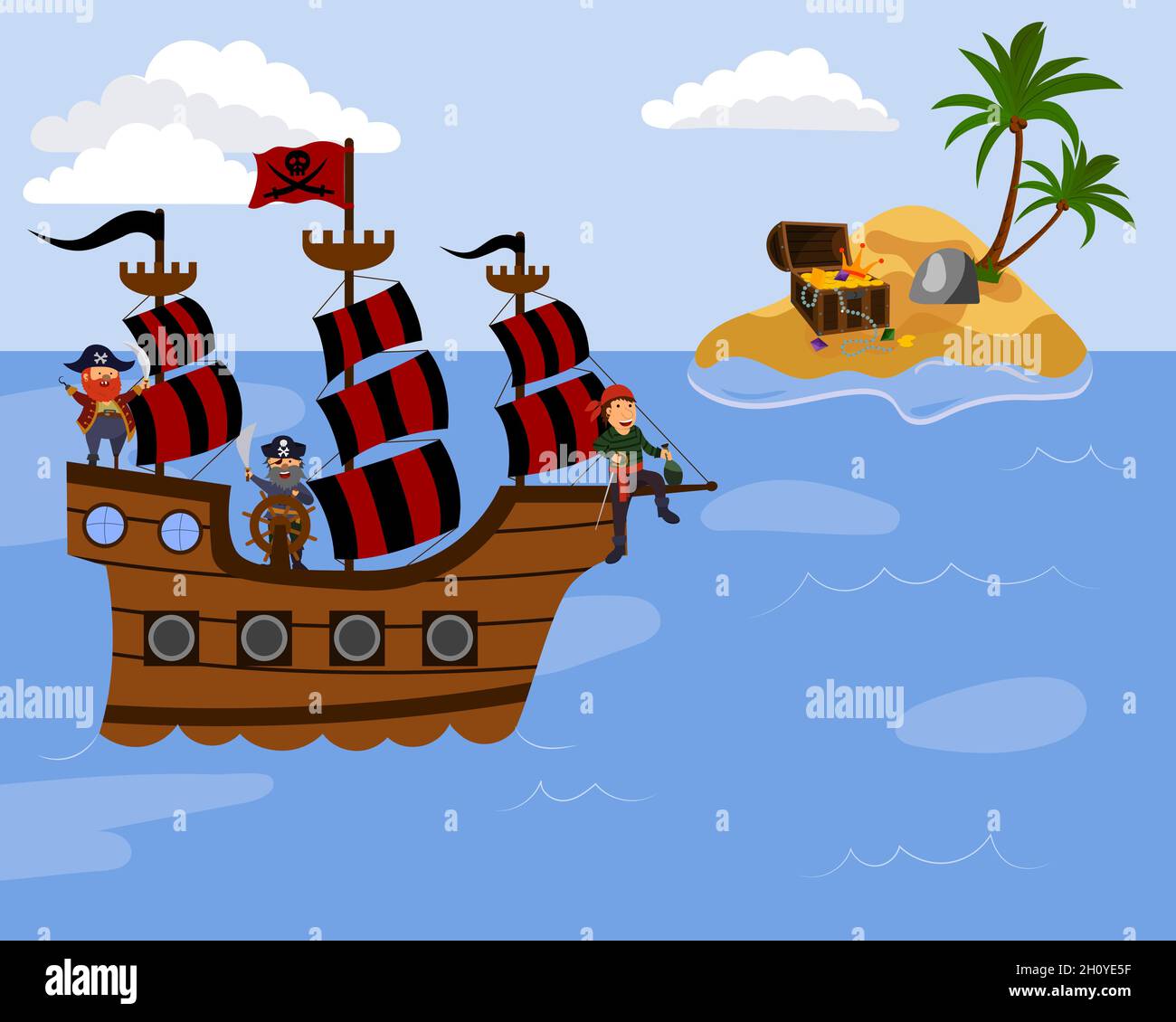 Cartoon Vektordarstellung von Piraten, die auf einem Schiff zu einer Insel segeln, isoliert auf einem weißen Hintergrund Stock Vektor
