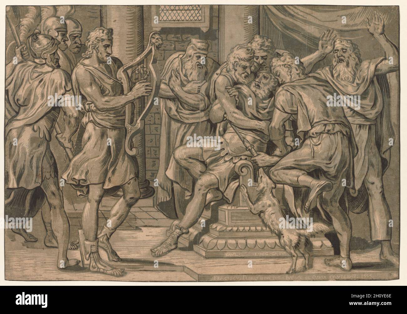David spielt die Harfe vor Saul, 1555. Nach Frans Floris (Niederländisch, 1519-1570). Chiaroscuro Holzschnitt; Blatt: 33.4 x 47.9 cm (13 1/8 x 18 7/8 Zoll). Die beruhigende Wirkung von Davids Musik auf den melandiumem König Saul, wie sie im Alten Testament wiedergegeben und hier von Frans Floris dargestellt wird, ist der früheste visuelle Beweis für den therapeutischen Einsatz von Musik. Floris’ Holzschnitt hätte in seiner Bekräftigung von Martin Luthers Glauben, dass Musik – eine göttliche Kraft, die Ordnung schafft – von Gott gemacht worden sei, um die zerstörerische Kraft des Bösen zu bekämpfen, eine zeitgenössische Relevanz gehabt. Stockfoto