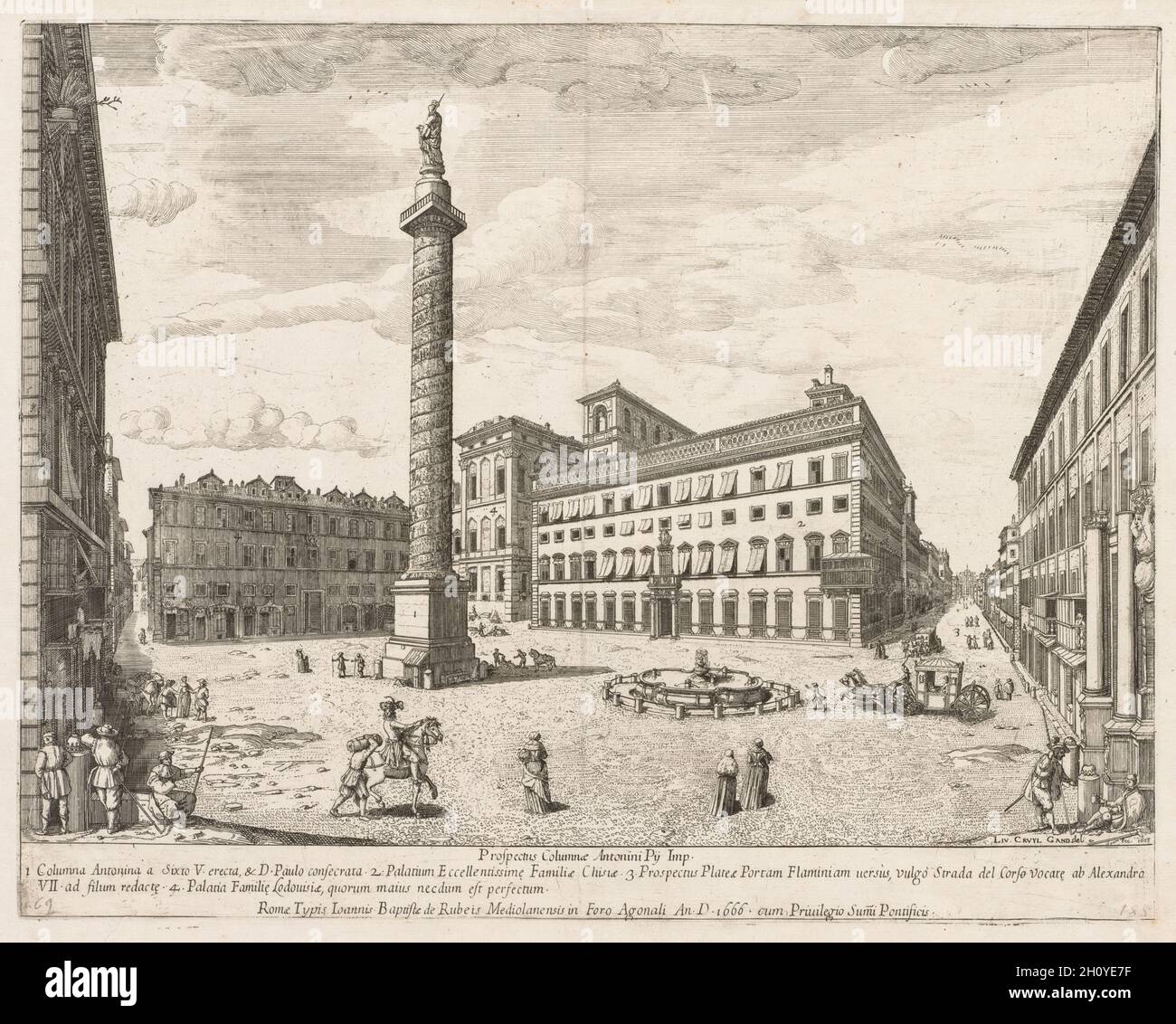 Piazza Colonna aus 'Prospectus Locurum Urbis Romae inSign[ium]', 1666. Lievin Cruyl (Flämisch, c. 1640-c. L 1720, S. Ätzen; Stockfoto