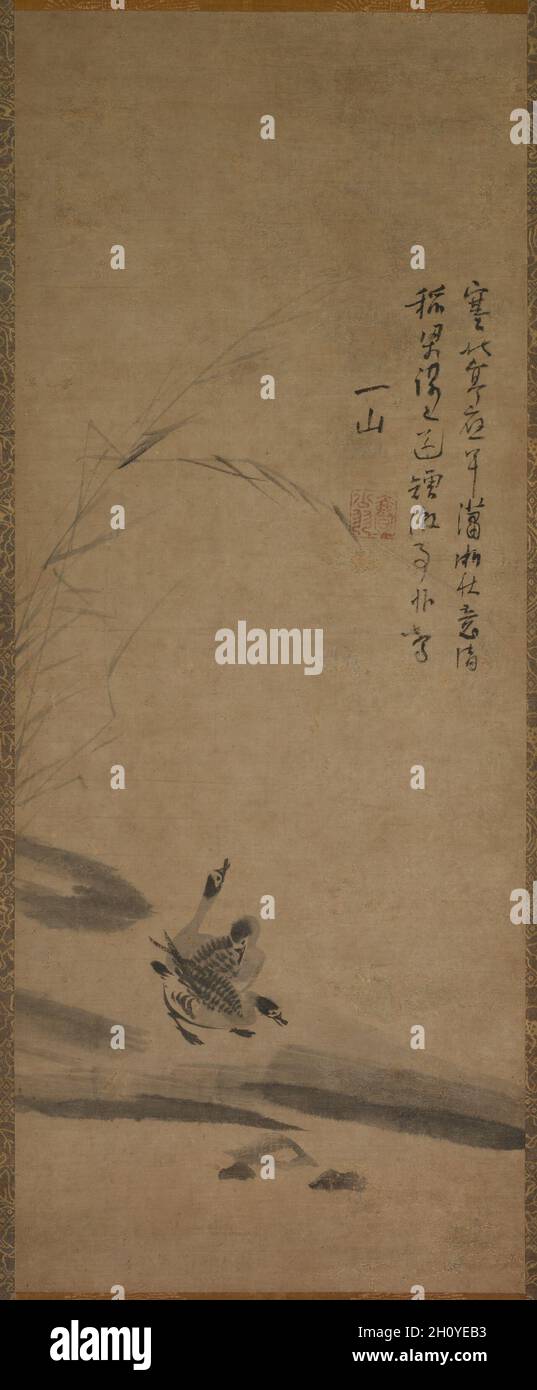 Schilf und Gänse, 1314–17. Yishan Yining [Issan Ichinei] (Chinesisch, 1247-1317). Hängende Schriftrolle; Tinte auf Papier; Malerei: 80.4 x 32.2 cm (31 5/8 x 12 11/16 Zoll); montiert: 158.5 x 42.2 cm (62 3/8 x 16 5/8 Zoll). Das Nationalmuseum Tokio besitzt eine Kopie dieses Gemäldes, das Kano Gyokusen (1796-1846) im Alter von 14 Jahren angefertigt hat. Stockfoto