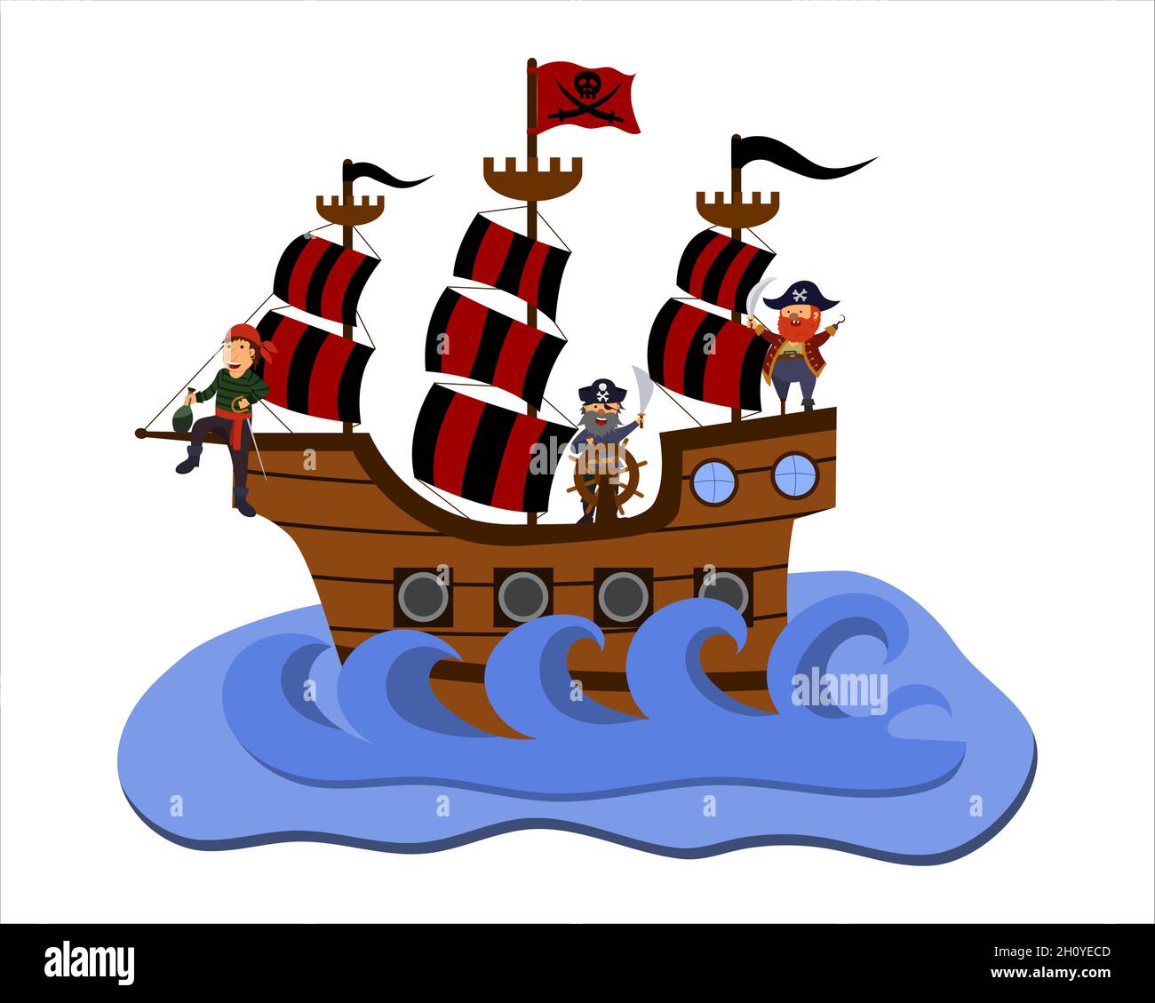 Cartoon Vektordarstellung von Piraten, die auf einem Schiff segeln, isoliert auf einem weißen Hintergrund Stock Vektor