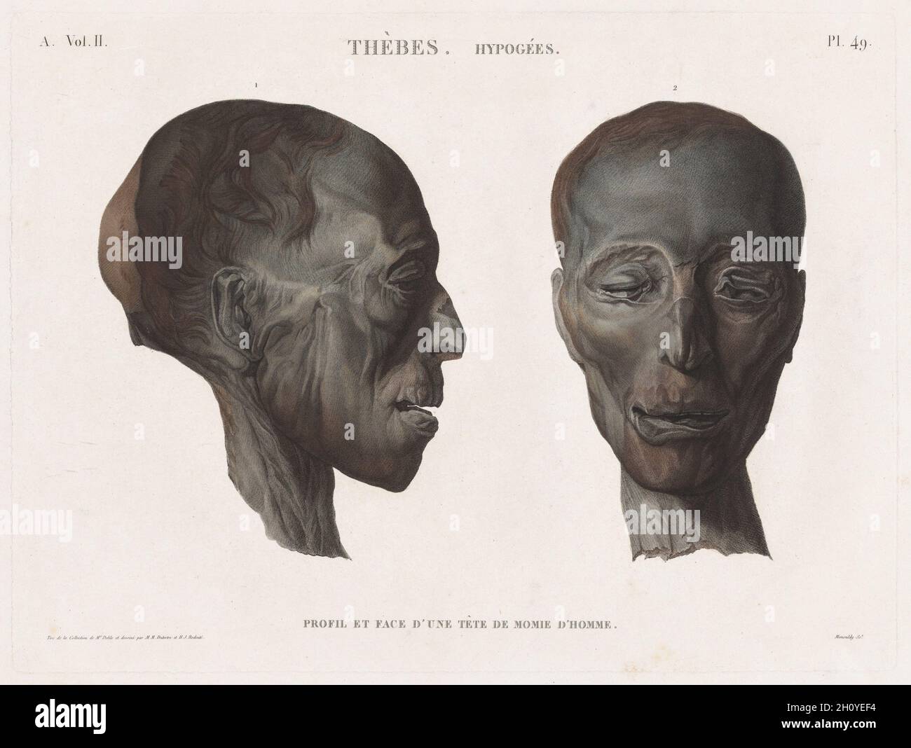 Beschreibung von Ägypten: Theben. Hypogees Vol. II, PL. 49. Antoine Maxime Monsaldy (Französisch, 1768-1816), nach dem André Dutertre (Französisch, 1753-1842), nach Henry Joseph Redouté (Französisch, 1766-1853). Radierung, von Hand gefärbt; Blatt: 54,3 x 71,6 cm (21 3/8 x 28 1/4 in.); Plattenrand: 37,8 x 50,8 cm (14 7/8 x 20 in.). Stockfoto