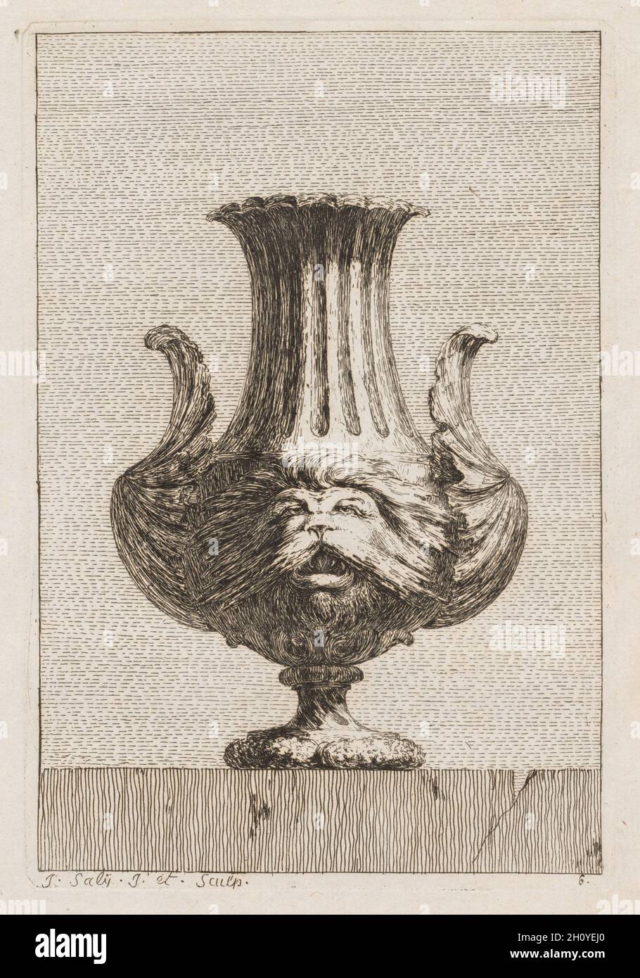 Vasen-Suite: Platte 6, 1746. Jacques François Saly (Französisch, 1717-1776). Radierung; ausgebildet als Bildhauer, ätzte Saly während seines Studiums an der Académie de France in Rom eine Serie von 30 Vasenentwürfen. Nach seiner Rückkehr nach Paris bestätigte die Bekanntgabe der Publikation für die Suite of Vases die Drucke als Hinweis auf den Erfindungsreichtum und die Gestaltungsfreiheit des Bildhauers. Die Vasendesigns nährten auch den Appetit auf die Wiederbelebung klassischer Elemente oder des Neoklassizismus in der dekorativen Kunst, die sich Mitte des 18. Jahrhunderts entwickelte. Stockfoto