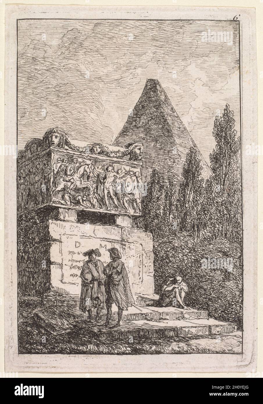 Les Soirées de Rome: Le Sarcophage, 1763-1764. Hubert Robert (Französisch, 1733-1808). Radierung: Diese Radierungssuite wurde von seinen eigenen Zeichnungen mit Feder und Tinte abgeleitet und zeigt fiktive Figuren, die sich in der Nähe von erkennbaren Gebäuden und Statuen in Rom befinden. Auf der Titelseite widmete Robert die Suite Marguerite Le Compte, der 1764 in Begleitung des wohlhabenden Autors und Kunstliebhabers Claude Henri Watelet Rom besuchte. Sowohl Le Compte als auch Watelet waren Amateurgrafiker, und sie gesellten sich mit einer Gruppe von Künstlern und Grafikern, die an den Akademien in Italien konzentriert waren. Roberts Widmung war Stockfoto