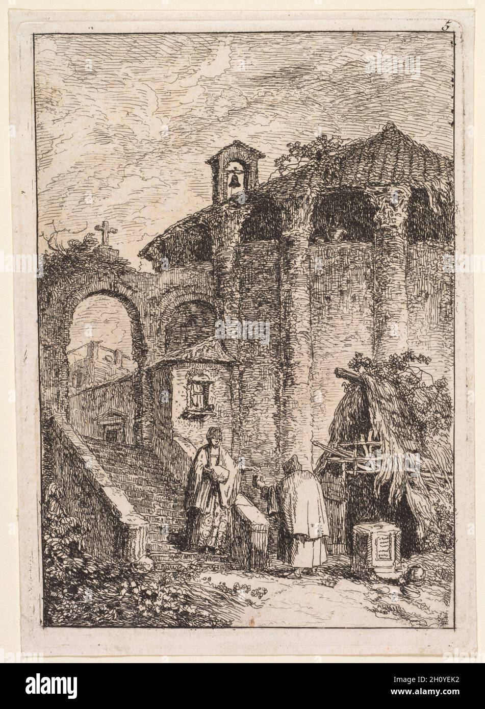 Les Soirées de Rome: Le Temple Antique, 1763-1764. Hubert Robert (Französisch, 1733-1808). Radierung: Diese Radierungssuite wurde von seinen eigenen Zeichnungen mit Feder und Tinte abgeleitet und zeigt fiktive Figuren, die sich in der Nähe von erkennbaren Gebäuden und Statuen in Rom befinden. Auf der Titelseite widmete Robert die Suite Marguerite Le Compte, der 1764 in Begleitung des wohlhabenden Autors und Kunstliebhabers Claude Henri Watelet Rom besuchte. Sowohl Le Compte als auch Watelet waren Amateurgrafiker, und sie gesellten sich mit einer Gruppe von Künstlern und Grafikern, die an den Akademien in Italien konzentriert waren. Roberts Engagement Stockfoto