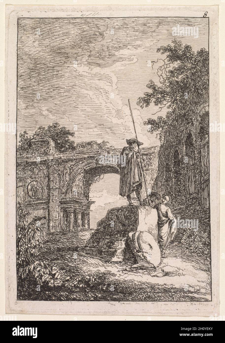 Les Soirées de Rome: L'Arc de triomphe, 1763-1764. Hubert Robert (Französisch, 1733-1808). Radierung: Diese Radierungssuite wurde von seinen eigenen Zeichnungen mit Feder und Tinte abgeleitet und zeigt fiktive Figuren, die sich in der Nähe von erkennbaren Gebäuden und Statuen in Rom befinden. Auf der Titelseite widmete Robert die Suite Marguerite Le Compte, der 1764 in Begleitung des wohlhabenden Autors und Kunstliebhabers Claude Henri Watelet Rom besuchte. Sowohl Le Compte als auch Watelet waren Amateurgrafiker, und sie gesellten sich mit einer Gruppe von Künstlern und Grafikern, die an den Akademien in Italien konzentriert waren. Roberts Engagement Stockfoto