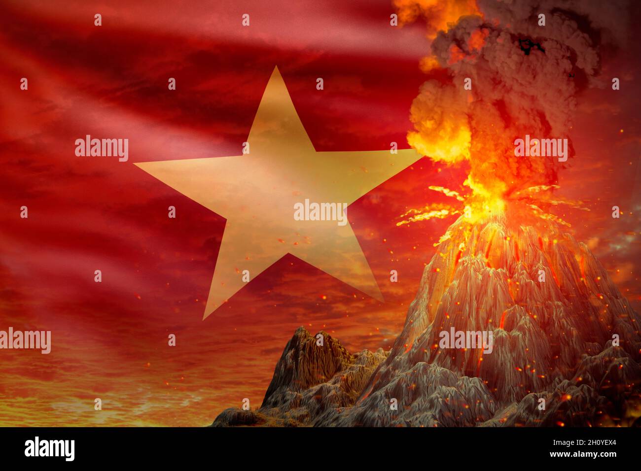 Großer Vulkanausbruch in der Nacht mit Explosion auf Vietnam Flagge Hintergrund, Probleme wegen der Naturkatastrophe und Vulkanasche Konzept - 3D illu Stockfoto