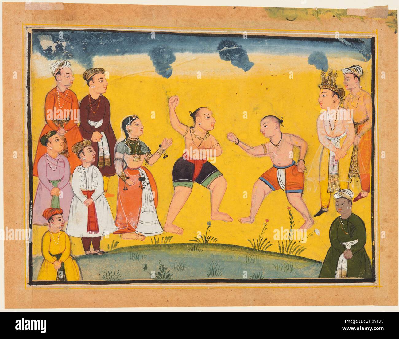 Draupadi gerettet vor Entführung, aus einem Mahabharata, c. 1615. Nordindien, populäre Mughal Schule, vermutlich getan an Bikaner. Gummitemperatur, Tinte und Gold auf Papier; Seite: 14.6 x 19.4 cm (5 3/4 x 7 5/8 Zoll); Miniatur: 11.2 x 16.5 cm (4 7/16 x 6 1/2 Zoll). Bhima und Jayadrath, gekleidet wie Ringer, duellieren sich, während seine vier Brüder (Pandavas) und ihre edlen Begleiter zuschauen. Bhima scheint der größere Wrestler zu sein und trägt eine Kette von Glocken, und Jayadratha trägt einen orangefarbenen Lendenschurz. Draupadi steht hinter Bhima und wird bereits aus Jayadrathas Klauen gerettet. Stockfoto
