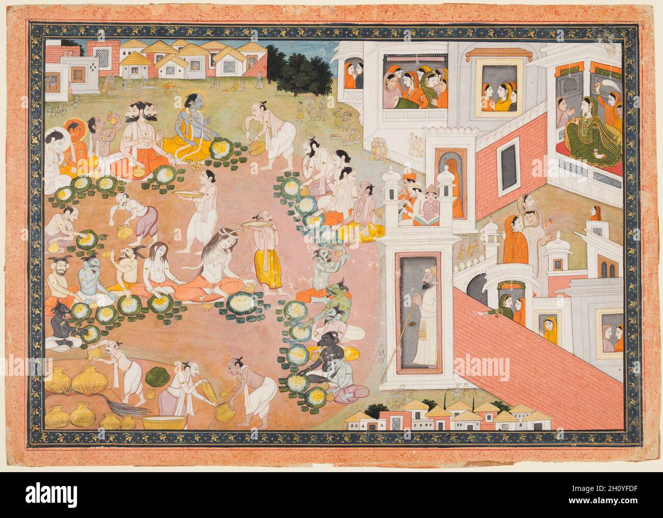 Götter, Rishis und Dämonen am Fest der Geburt von Rama, aus einem Ramayana, c. 1810. Nordindien, Himachal Pradesh, Pahari Königreich Kangra. Gummitemperatur und Gold auf Papier; Seite: 27.7 x 39.4 cm (10 7/8 x 15 1/2 Zoll); Bild: 23.5 x 34.7 cm (9 1/4 x 13 11/16 Zoll). Die Frauenquartiere eines Palastes nehmen die rechte Seite der Komposition ein. Auf der linken Seite, im Hof, Götter, einschließlich der vierköpfigen Brahma, blau Vishnu, Indra mit Augen auf dem ganzen Körper, und Shiva mit Schlangen in seinem Haar, die näher an den Dämonen sitzt, auf großen Platten mit Reis, die ihnen von Dienern gebracht. Die Darstellung von Stockfoto