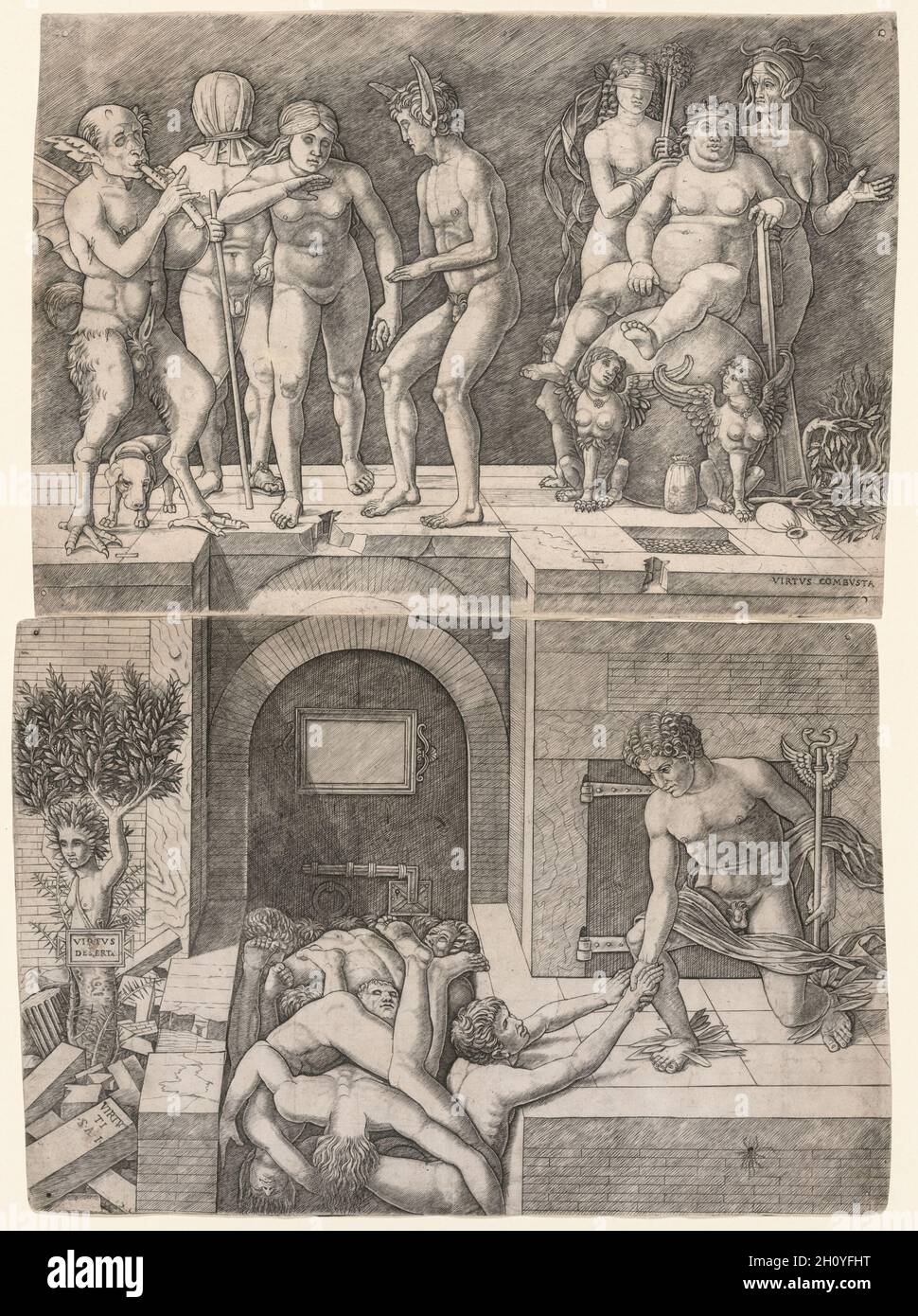 Allegorie des Falls der unwissenden Menschheit, c. 1500-1505. Giovanni Antonio da Brescia (italienisch), nach Andrea Mantegna (italienisch, 1431-1506). Gravur auf zwei Blättern gedruckt; Stockfoto