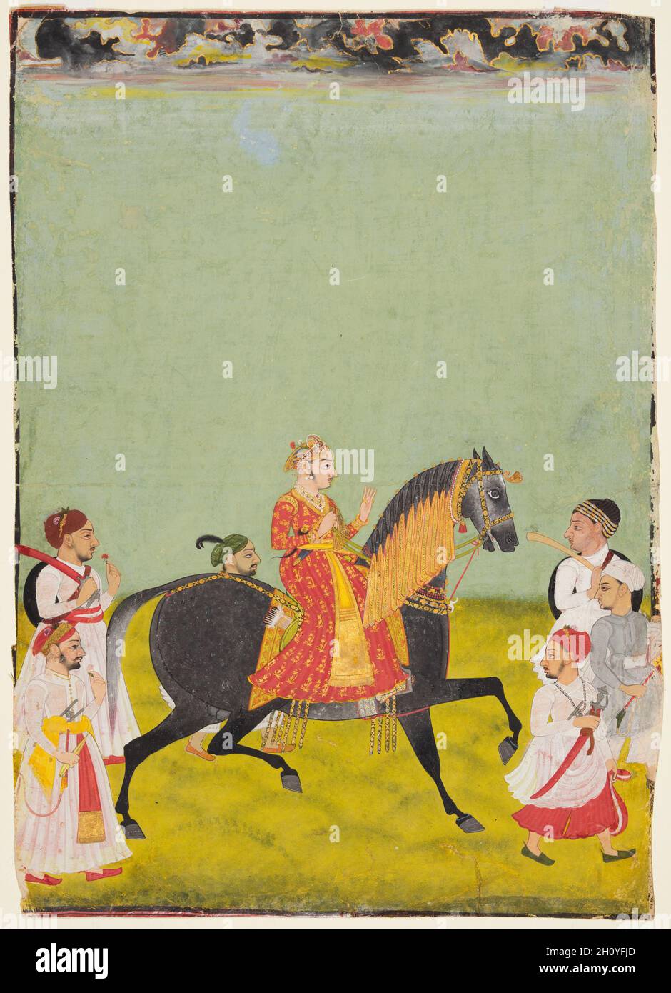 Reiten Porträt von Maharana Raj Singh II von Mewar (r. 1755–62), c. 1760. Nordwestindien, Rajasthan, Rajput Königreich Mewar. Gummitemperatur und Gold auf Papier; 40 x 28 cm (15 3/4 x 11 Zoll). Der junge König war nur elf Jahre alt, als er den Thron von seinem Vater Pratap Singh II (r. 1752–55). Hier zeigt sich, dass kaum die Anfänge der Gesichtsbehaarung zu wachsen beginnen, er trägt einen wunderschönen Turban mit frischen Blumen, die in das bejeweled Band eingesteckt sind, und einen Löwenkopf-Dolch in seinem Gürtel. Bunte Wolken sammeln sich verzeihend am Himmel und versprechen Regen, während der schwarze Hengst trabt Stockfoto