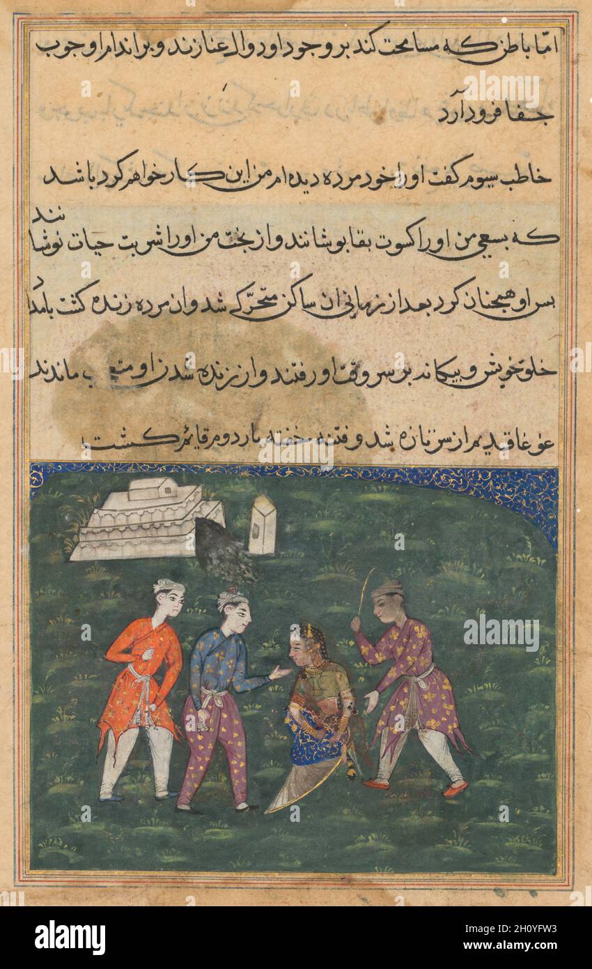 Der dritte Freier schlägt die Tochter des Devotees und stellt sie so wieder zum Leben, aus einer Tuti-Nama (Geschichten von einem Papagei): Twentieth Night, c. 1560. Mughal Indien, Gericht von Akbar (regierte 1556–1605). Gummi-Tempera, Tinte und Gold auf Papier; insgesamt: 20.3 x 14 cm (8 x 5 1/2 Zoll); nur Malerei: 7.8 x 10.1 cm (3 1/16 x 4 Zoll). Nach dem plötzlichen, scheinbaren Tod der Tochter des frommen Mannes nehmen ihre drei Freier ihren Leichnam aus dem Grab. Einer der Freier, ein Arzt, erkennt, dass die Frau nicht tot ist, und schlägt vor, sie zu schlagen, um ihr Bewusstsein wiederherzustellen. Nachdem sie erfolgreich wiederbelebt wurde, nehmen die Männer wieder an Stockfoto