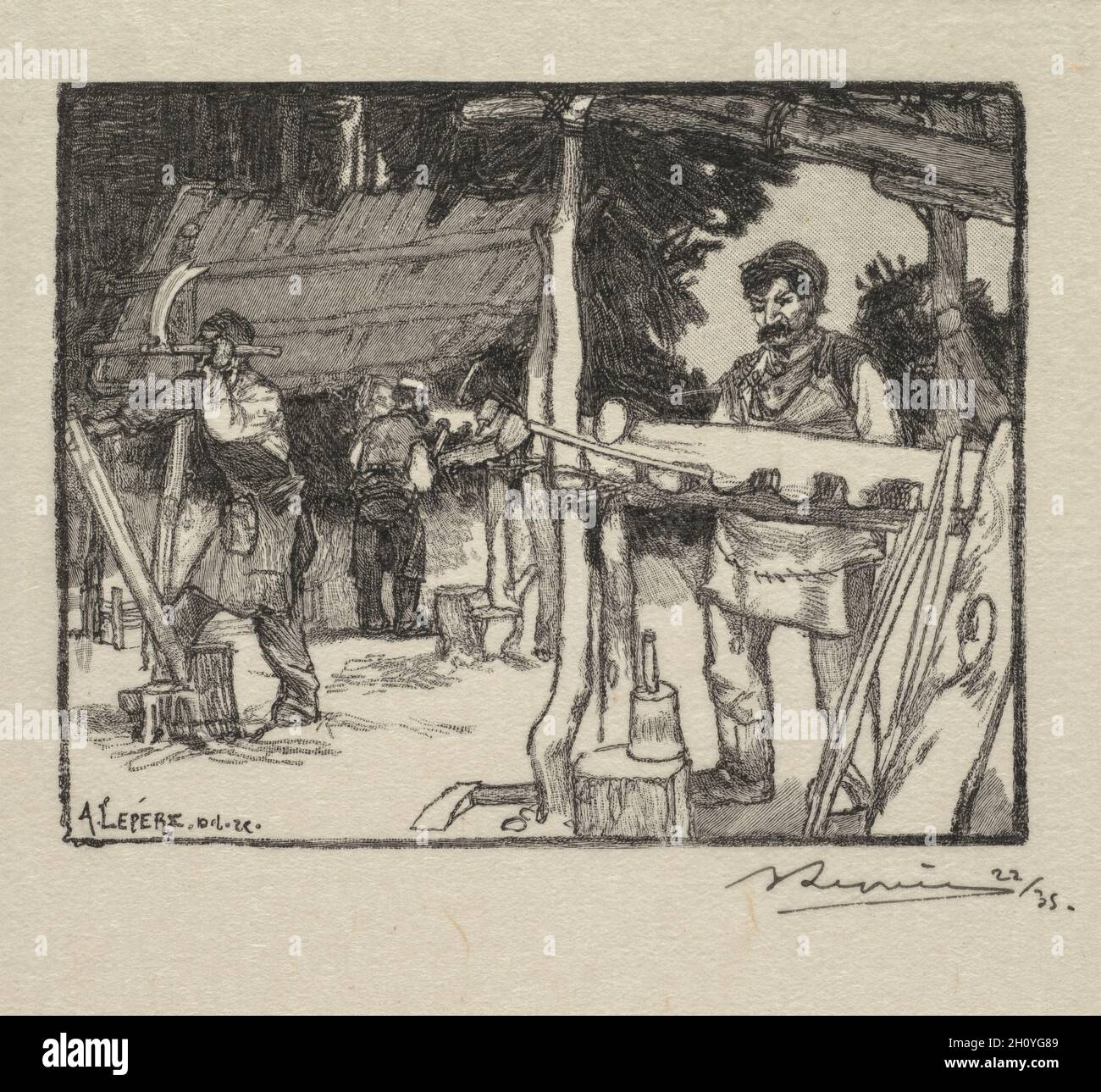 Wald von Fontainebleau: Hersteller von Lamellen (La Forêt de Fontainebleau: Le Hersteller de Lattes), 1890. Louis Auguste Lepère (Französisch, 1849-1918), A. Desmoulins, in Revue Illustrée, 1887-90 veröffentlicht. Holzstich aus gebundenen Volumen von 34; Bild: 7,4 x 9,5 cm (2 15/16 x 3 3/4 in.). Stockfoto
