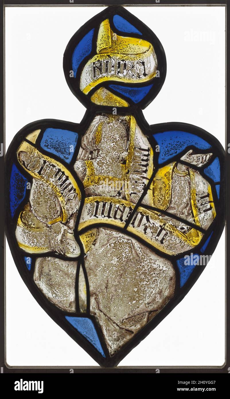 Heart-Shaped Panel: Abbildung von einer Frau mit einer Banderole (Sibyl?), C. 1480-1520. Deutschland, Rheinische (?), Ende 15. bis Anfang des 16. Jahrhunderts. Topf Metall, Glas weiss mit silbernen Fleck; gesamt: 42,1 x 25,7 cm (16 9/16 x 10 1/8 in.). Stockfoto