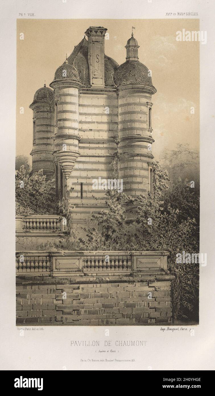 Architektur Pittoresque ou Denkmäler des XVeme. Et XVIeme. Siecles: Chateaux de France des XV Siecles et XVI: Pl. 76, Pavillon de Chaumont (Saône et Loire), 1860. Victor Petit (Französisch, 1817-1874), Charles Boivin (Herausgeber); Lith de Godard ein Paris (Drucker). Lithographie mit Tönung Stein, aus dem Portfolio von 100 Lithographien mit Tönung Stein; Blatt: 35,7 x 27,6 cm (14 1/8 x 10 7/8 in.); Bild: 23,5 x 14 cm (9 1/4 x 5 1/2 in.). Stockfoto