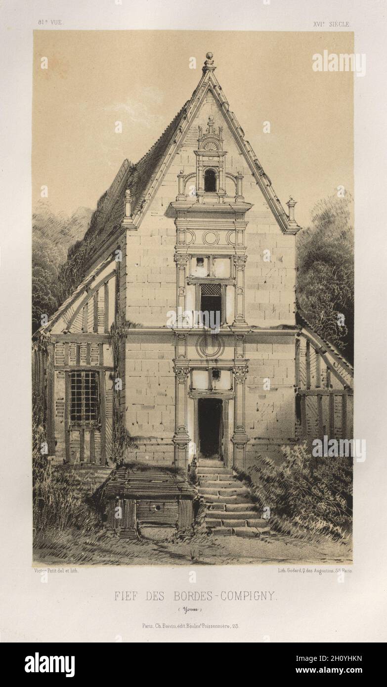 Architektur Pittoresque ou Denkmäler des XVeme. Et XVIeme. Siecles: Chateaux de France des XV Siecles et XVI: Pl. 81, Lehen des Bordes-Compigny (Yonne), 1860. Victor Petit (Französisch, 1817-1874), Charles Boivin (Herausgeber); Lith de Godard ein Paris (Drucker). Lithographie mit Tönung Stein, aus dem Portfolio von 100 Lithographien mit Tönung Stein; Blatt: 35,9 x 27,5 cm (14 1/8 x 10 13/16 in.); Bild: 23,4 x 14 cm (9 3/16 x 5 1/2 in.). Stockfoto